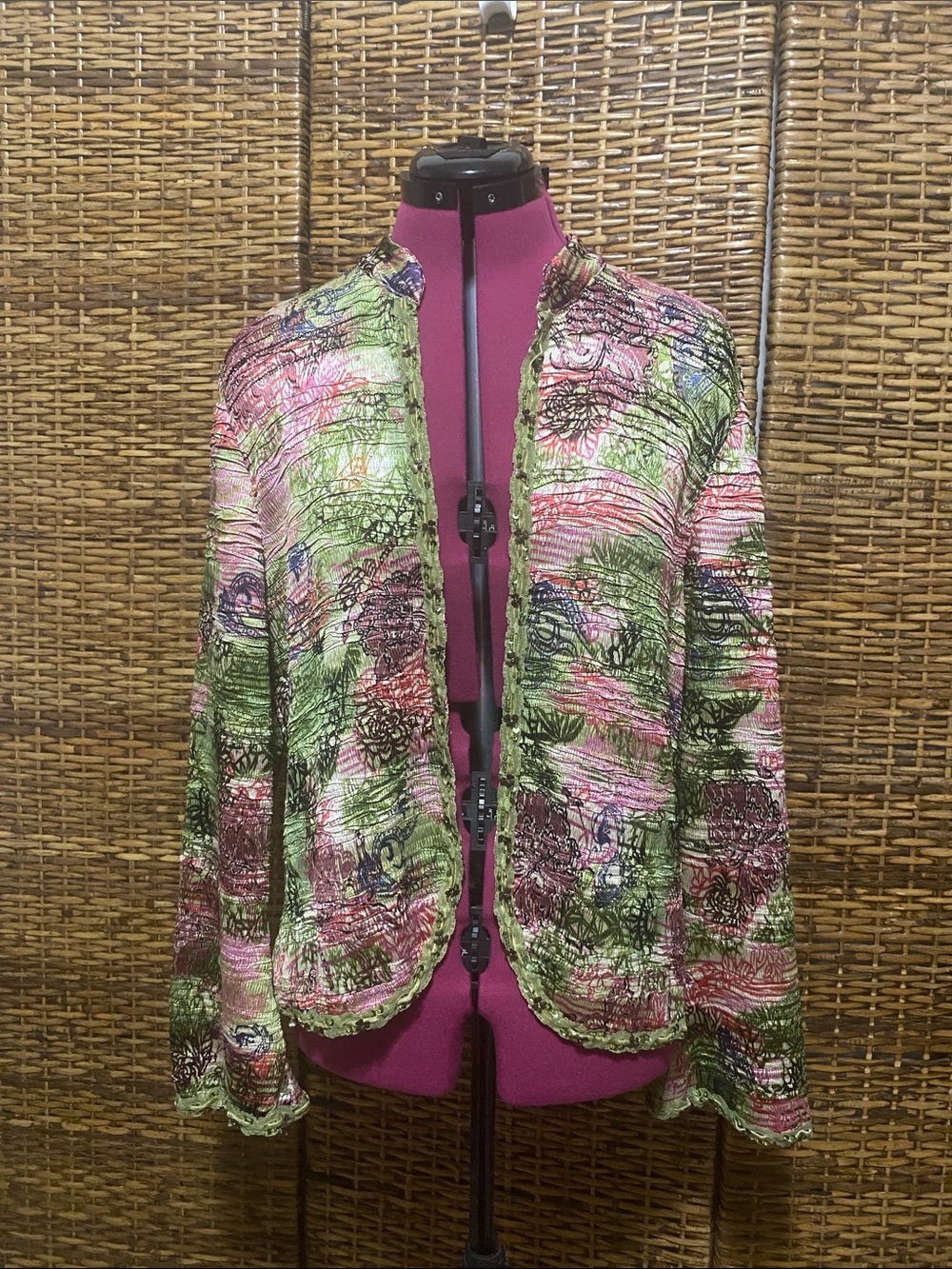 EUC Alberto Makali Pink green crinkle beaded jacket XL